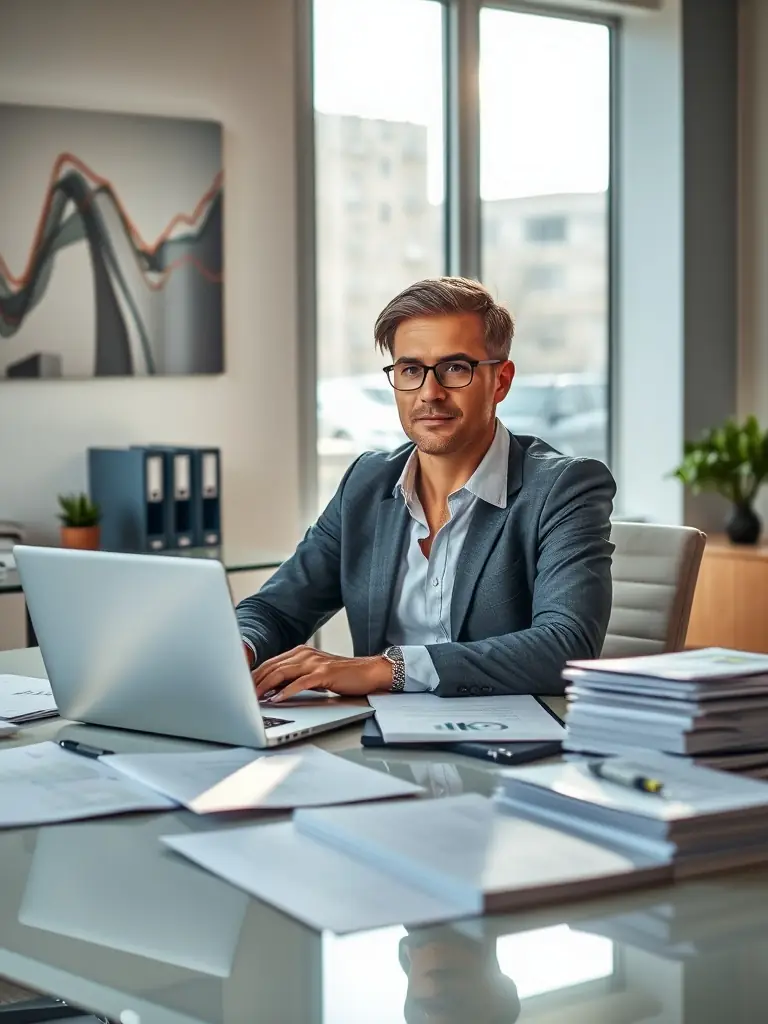 A professional accountant analyzing US GAAP financial reports with a modern laptop and financial charts in a well-lit office setting, conveying accuracy and compliance.
