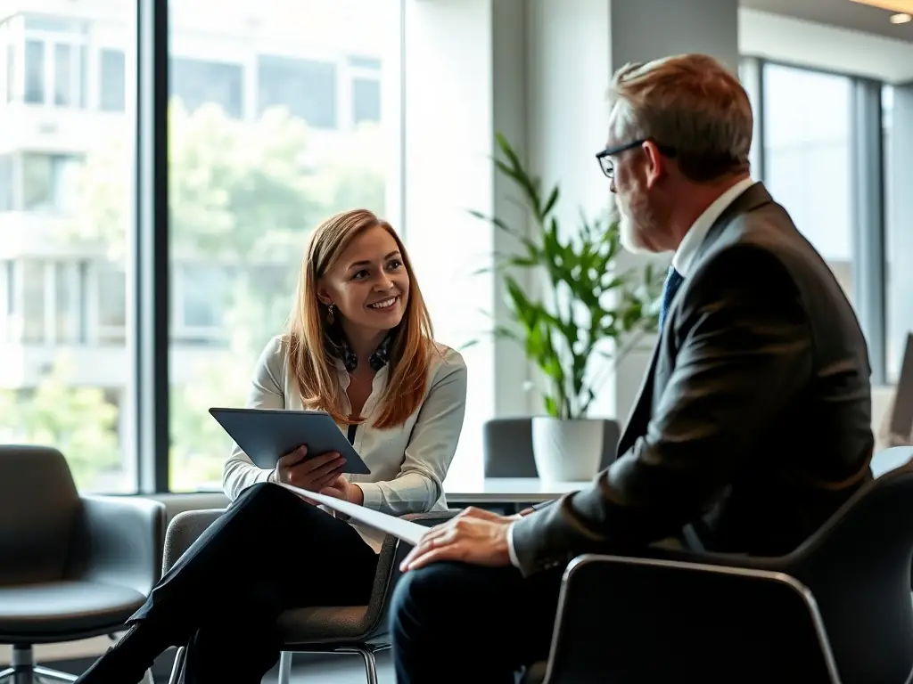 An image of a tax professional discussing tax strategies with a client, surrounded by tax forms and documents, in a well-lit office, representing tax planning and preparation services.