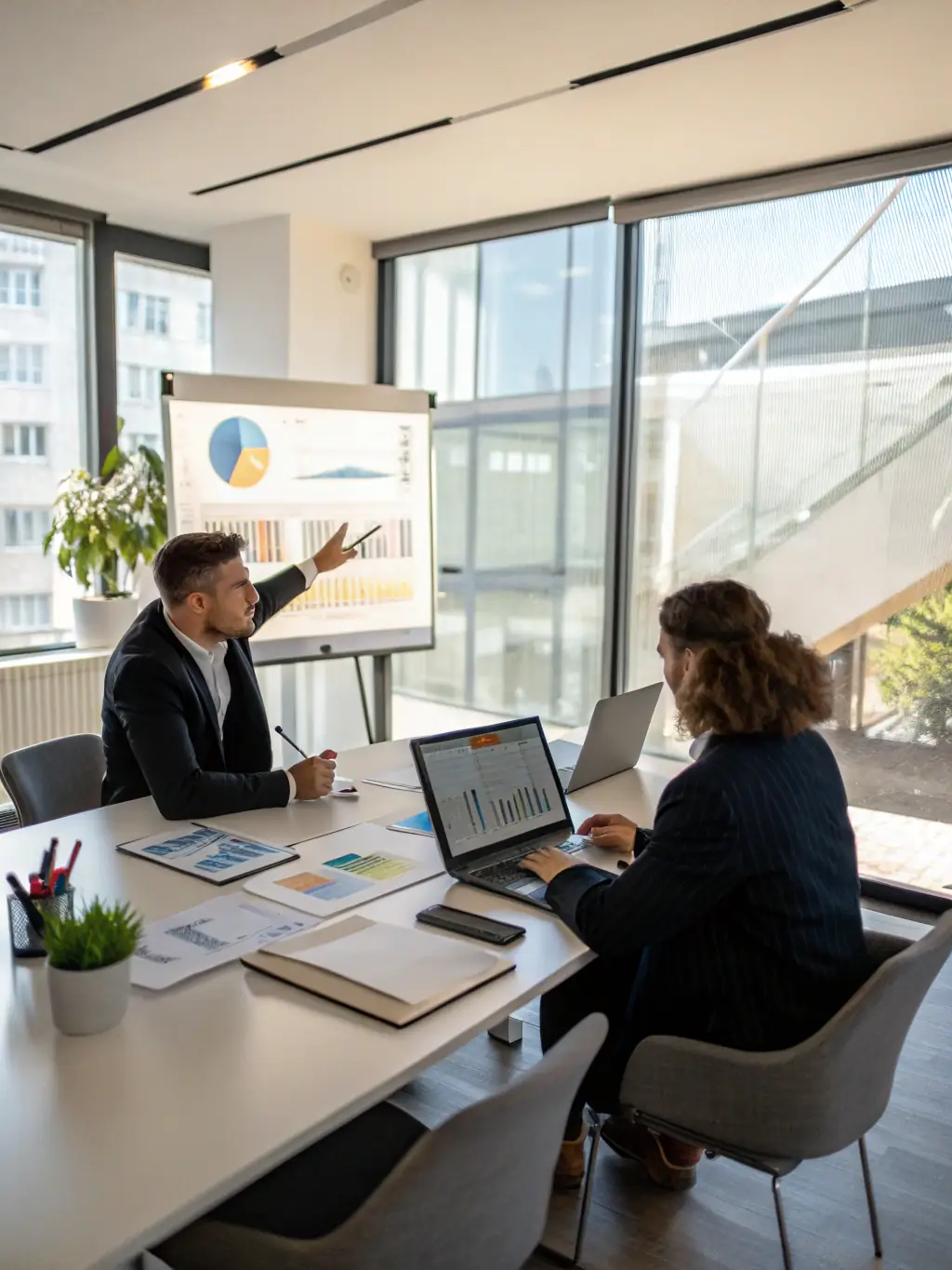 A business consultant advising a startup entrepreneur, discussing growth strategies and financial projections in a collaborative meeting.