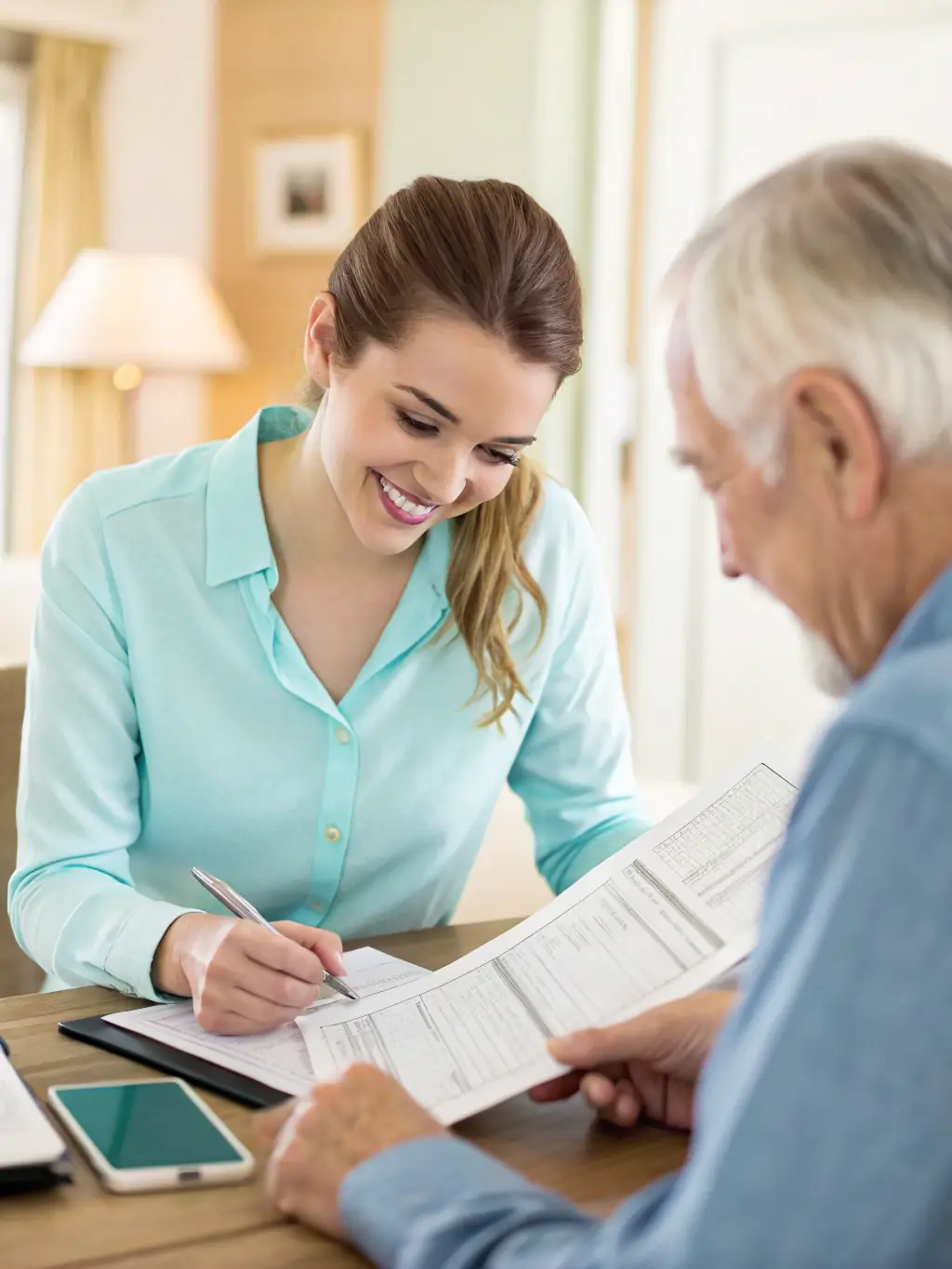 A tax advisor strategizing with a client, reviewing tax documents and planning for optimized tax outcomes in a modern office.